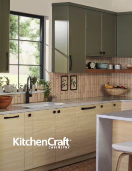 neutral kitchen with white and wooden cabinetry surrounding grey slab island